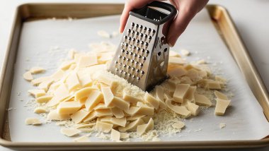 Şef, yeni hazırlanmış makarna yemeğinin üstünde sert peyniri rendeliyor. Makarna, Akdeniz geleneksel mutfağıdır..