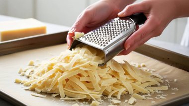 Şef, yeni hazırlanmış makarna yemeğinin üstünde sert peyniri rendeliyor. Makarna, Akdeniz geleneksel mutfağıdır..