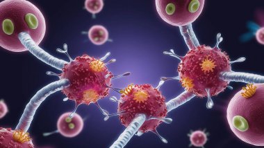 Virüs. Soyut vektör 3d mikrobu mavi arkaplanda izole edildi. Bilgisayar virüsü, alerji bakterisi, sağlık sigortası, mikrobiyoloji konsepti. Hastalık mikrobu, patojen organizması, bulaşıcı mikrovirüs bilimi.