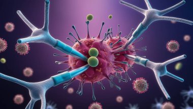 Virüs. Soyut vektör 3d mikrobu mavi arkaplanda izole edildi. Bilgisayar virüsü, alerji bakterisi, sağlık sigortası, mikrobiyoloji konsepti. Hastalık mikrobu, patojen organizması, bulaşıcı mikrovirüs bilimi.