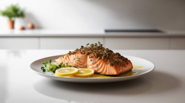 ready-to-eat food, with salmon. salmon on a plate with lemon garnish clipart