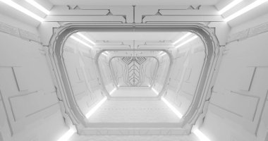 3D görüntüleme. Parlak ışıkta uzay gemisi ya da laboratuvar koridoru. Yüksek teknoloji. Geleceksel tasarım.
