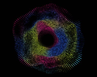 Siyah arka planda farklı renklerde soyut kıvrılan daire çizgileri. Kavram teknolojisinde vektör illüstrasyon, bilim, müzik, modernite.
