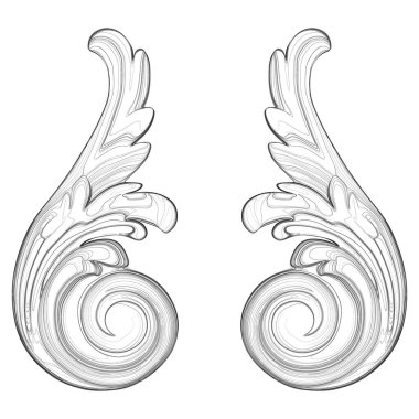 Barok tarzında dekoratif bitki elementi. Tasarım için geniş yapraklar şeklinde ana hatlar. Mimari elementin çizimi. Vektör illüstrasyonu