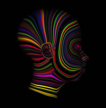 Renkli yüz. İnsan profilinin arka plan tasarımı ve yaratıcılık, tasarım, iç dünya, insan doğası ve sanatsal ruh teması üzerine renkli renkli boya çizgileri. vektör illüstrasyonu