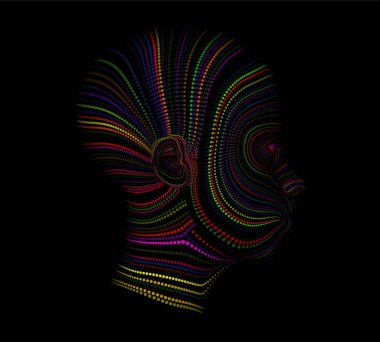 Renkli yüz. İnsan profilinin arka plan tasarımı ve yaratıcılık, tasarım, iç dünya, insan doğası ve sanatsal ruh teması üzerine renkli renkli boya çizgileri. vektör illüstrasyonu