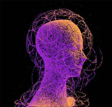 Elf kadınının tasviri, yüz hatları çok renkli. Birçok noktadan ve parçacıktan yapılmış. vektör illüstrasyonu.