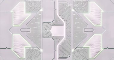 3 boyutlu görüntüleme. Bilimkurgu neon ışıklı kapı. Gelecekteki iç mekanların grafiksel çizimi.