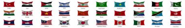 Görüntü, vektör formatında yapılmış farklı ülkelerin bayraklarından oluşuyor. Her bayrak, ulusal kimlik ve çeşitliliği sembolize eden eşsiz bir tasarıma ve parlak renklere sahiptir..