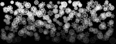 Şeffaf bir zemine şeffaf kar tanelerinin düşme şekli. Pankart, tebrik kartı, Noel ya da yeni yıl kartı, davetiye ya da paket kağıdı için mükemmel