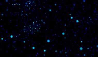 Koyu arkaplanda bokeh parçacıkları olan vektör çizimi. Parlak mavi ve parlak noktalar derinlik ve mistisizm atmosferi yaratır. Bokeh elementleri kaotik bir şekilde dağılmış, dinamik ve hareket hissi ekliyor.
