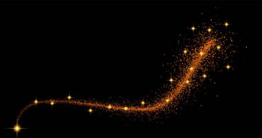 Konfeti ve yıldız tozuyla parıldayan bir altın dalgasıyla vektör görüntüsü. Arka plan, karanlık bir arka planda sihirli altın parıltılarla süslenmiş. Lüks ve şenlikli bir ışıltı yaratıyor..