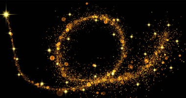 Konfeti ve yıldız tozuyla parıldayan bir altın dalgasıyla vektör görüntüsü. Arka plan, karanlık bir arka planda sihirli altın parıltılarla süslenmiş. Lüks ve şenlikli bir ışıltı yaratıyor..
