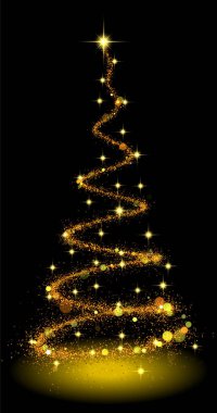 Siyah arkaplanda altın parıltılardan, yıldızlardan ve parıltılardan oluşan bir Noel ağacı silüeti olan soyut vektör görüntüsü. Parlak çizgiler ve parıldayan elementler neşeli bir hava ve zarafet yaratır..