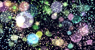 Yumuşak leylak ve mavi tonlarda yapılmış Bokeh efektli vektör çizimi. Birçok farklı boyutlarda parlayan parçacıklar yıldızlı bir gökyüzü veya sihirli bir parıltı atmosferi yaratır..