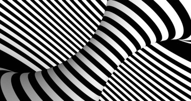 Vektör siyah ve beyaz çizgili desen kıvrımlı ve çarpık çizgilerle üç boyutlu optik bir illüzyon yaratıyor. Bu soyut tasarım modern sanat, görsel efektler veya eşsiz yaratıcı projeler için mükemmeldir..