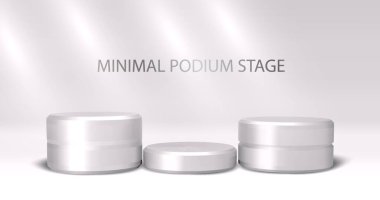 Beyaz metalik parlaklığa sahip üç boyutlu podyum ve pencere ışığı arka planında yuvarlak ürün. Minimalist tasarım. Kozmetik ürünler için stüdyo gösterisi, Moda gösterisi.