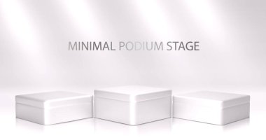 Beyaz metalik parlaklığa sahip 3D podyum ve pencere ışığı arka planında kare ürün. Minimalist tasarım. Kozmetik ürünler için stüdyo vitrini, tasarım için moda sahnesi.