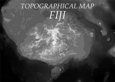 Topografik harita siyah beyaz. Dağların coğrafi rahatlaması ve vektör illüstrasyonunda okyanus tabanı. Topografik görüntünün dokusu. Boyunun grafiksel hatları. Fiji, tenha plajlar ve tropikal doğa..