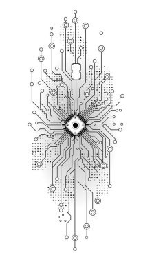 Devre kartı biçiminde soyut bir siyah beyaz resim. Geometrik çizgiler, noktalar ve düğümler siber punk elementli dövme stilini andıran bir tekno-sanat tasarımı yaratıyor..