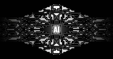 Merkezi çipli tek renkli dijital devre. Siyah arkaplan ve gümüş çizgiler, minimalist estetik ile yüksek teknoloji yaratarak yapay zekayı ve gelişmiş teknolojileri sembolize ediyor..