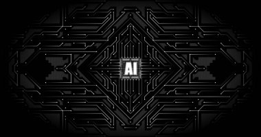 Merkezi çipli tek renkli dijital devre. Siyah arkaplan ve gümüş çizgiler, minimalist estetik ile yüksek teknoloji yaratarak yapay zekayı ve gelişmiş teknolojileri sembolize ediyor..