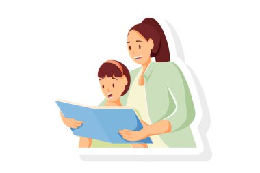 Anne ve Kız Yapıştırması Birlikte Okuyan Vektör İllüzyonu