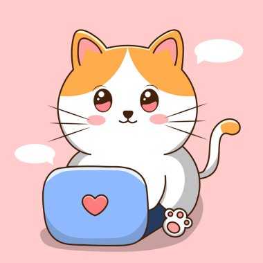 Mutlu Kedi Laptop Oynuyor Çizimi