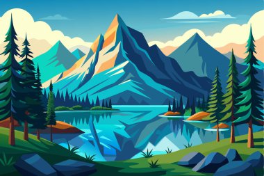 Çam ağaçları ve göl manzaralı dağ