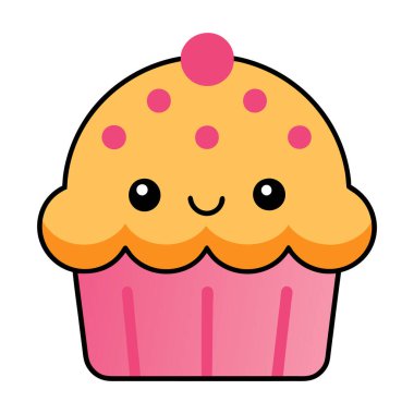 Pastanedeki çizgi film karakteri. Komik gülümseyen yüz vektör çizimi olan şirin bir kek.