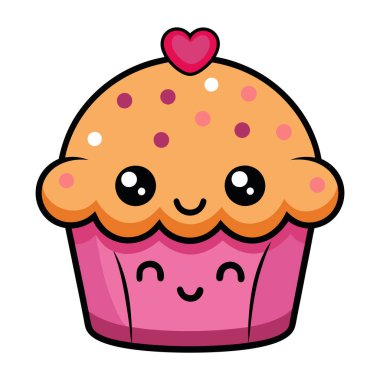 Pastanedeki çizgi film karakteri. Komik gülümseyen yüz vektör çizimi olan şirin bir kek.