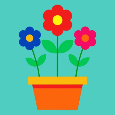 Çiçeklerle dolu bir saksının vektör çizimi. Farklı renkte çiçekler. Çiçekçi ve bahçe.
