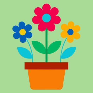 Çiçeklerle dolu bir saksının vektör çizimi. Farklı renkte çiçekler. Çiçekçi ve bahçe.