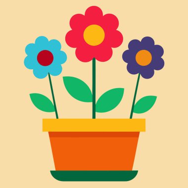 Çiçeklerle dolu bir saksının vektör çizimi. Farklı renkte çiçekler. Çiçekçi ve bahçe.