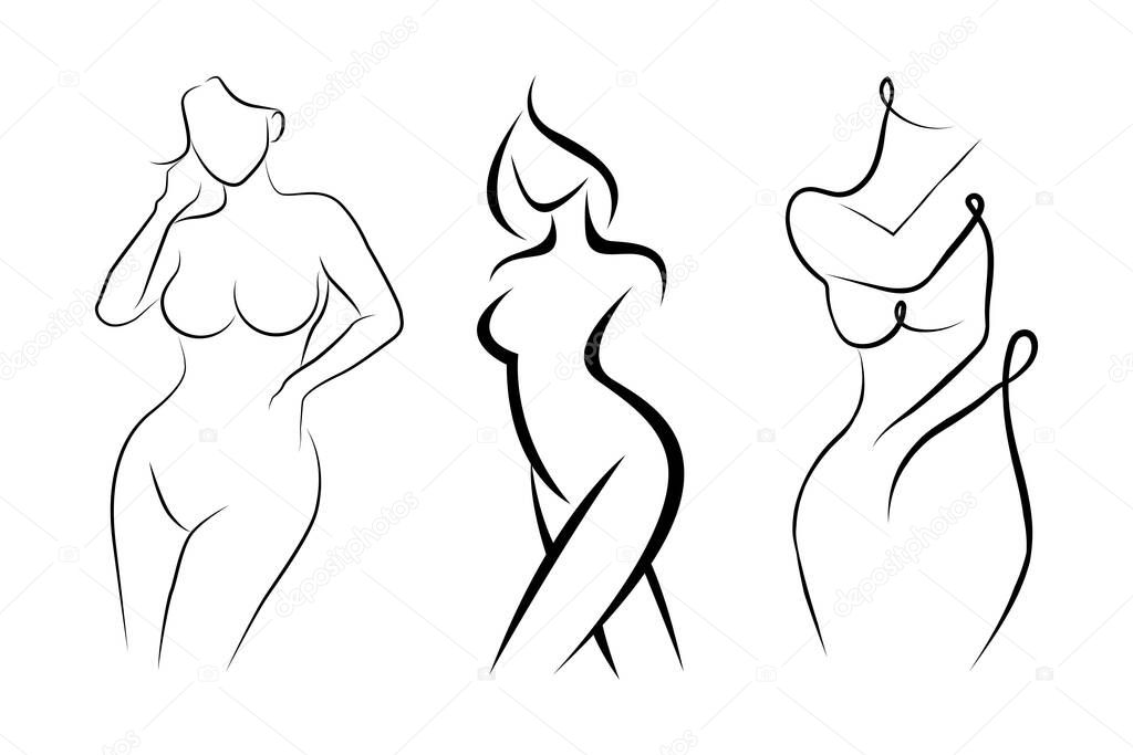 Line Art Woman Body Set. Minimalist Black Lines Drawing. Female Figure Abstract Drawing. Naked Body Art.