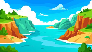 vector cartoon landscape with mountains and river with green trees clipart