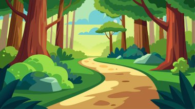 Nehir ve yeşil ağaçlarla kaplı orman manzarası. çizgi film illüstrasyonu