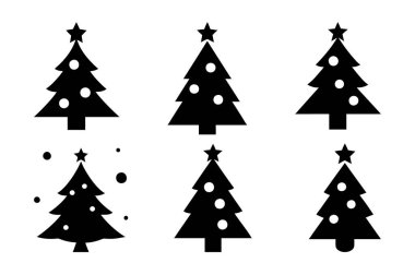 Beyaz arka planda izole edilmiş siyah bir Noel ağacı silueti. Yüksek karşıtlık, basit, vektör biçimi.