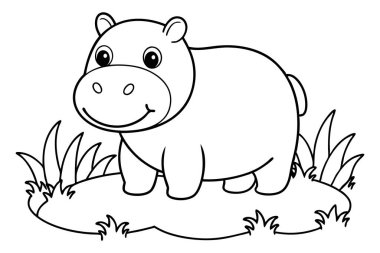 Tatlı Hippopotamus, biraz ot ve ağaç, boyama kitabı.