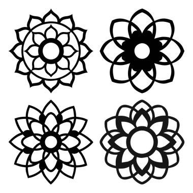 El çizimi mandala çiçekli siluet seti, beyaz arkaplanda Hint mandala sanat siyah tasarımı