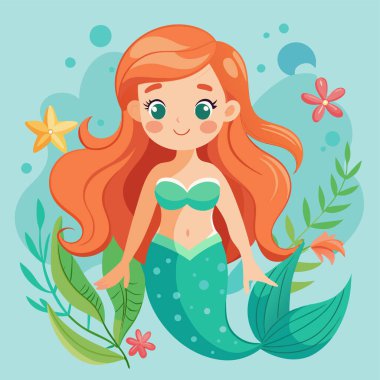 Tatlı kız deniz kızı çizgi film vektör çizimi grafik tasarımı