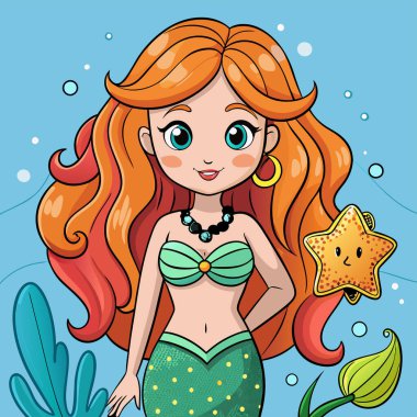 Denizkızı olan çizgi film kızı. vektör illüstrasyonu