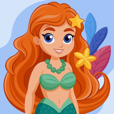 vektör karikatür çizimi. Saçı ve çiçekli deniz kızı.