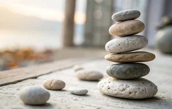 Bahçedeki ahşap bir masada taş yığını