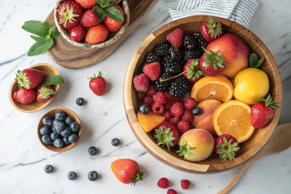 Lezzetli taze meyveler ve açık gri meyvelerle dolu bir kase.