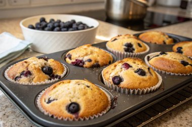 Böğürtlenli kekler fırın tepsisinde