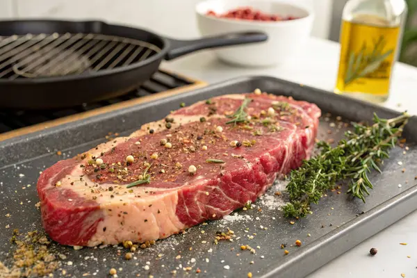 Kızartma tavasında çiğ biftek