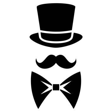 Beyefendi ikon kümesi vektörü. Bıyıklı, kuyruklu, papyonlu ve siyah şapkalı bir beyefendinin iki silueti.