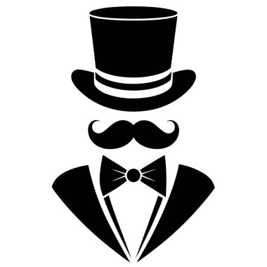 Beyefendi ikon kümesi vektörü. Bıyıklı, kuyruklu, papyonlu ve siyah şapkalı bir beyefendinin iki silueti.