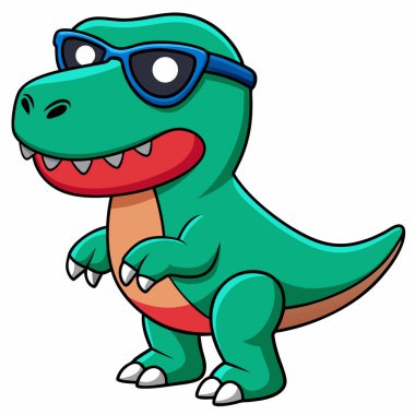 Kırmızı kravat ve gözlük takan bir dinozorun karikatür çizimi.